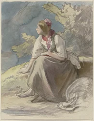 Peasant girl facing left, seated on a grassy bank