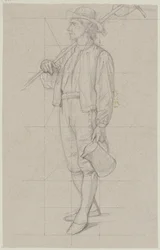 Walking Farmer with a Rake over His Shoulder and a Can in His Left Hand