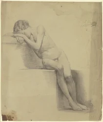 Seated male nude, head resting on the right arm