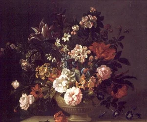 Roses, Tulips and Other Flowers in an Urn on a Ledge