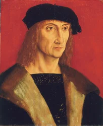 Portrait of a Man Wearing a Fur-lined Coat, Gold Chain and a Black Beret, Before a Red Background