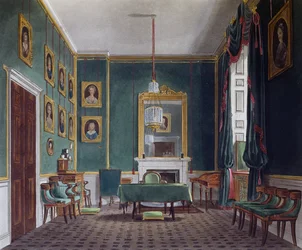 Green withdrawing room, Engraving by Daniel Havell, Based on design by James Stephanoff, From The History of the Royal Residences