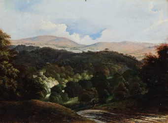 Landscape with buildings in a forest