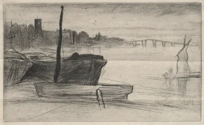 Chelsea Bridge and Church, 1871