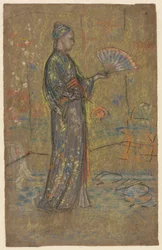 Japanese Woman Painting a Fan recto, Standing Woman Holding Up Her Dress verso