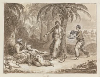 A Servant Bringing Water to Three Hunters