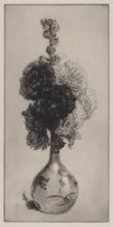 Hollyhocks in a Long-Necked Vase