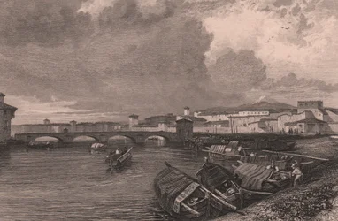 View of Arno River in Pisa, Tuscany, Italy, steel engraving by Thomas Higham after drawing by James Duffield Harding
