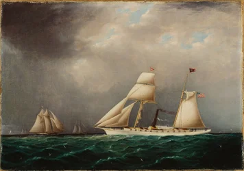 American Steam-Sail Yacht EMILY at Sea with Four Schooners Off Bow