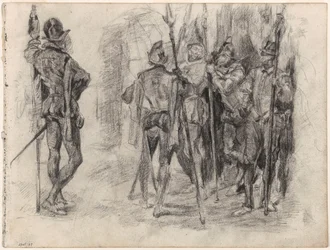 Sketches of Characters and Five Spanish Soldiers with Lances