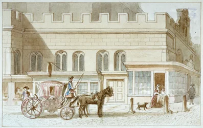 Shop fronts by St Dunstan-in-the-West, Fleet Street, City of London, 1820