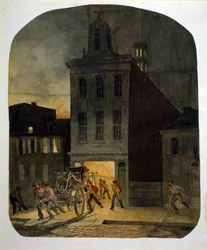 Philadelphia Fire Brigade Leaves the Barracks to Go to the Scene of a Fire (Watercolour by James Fuller Queen, 1857)