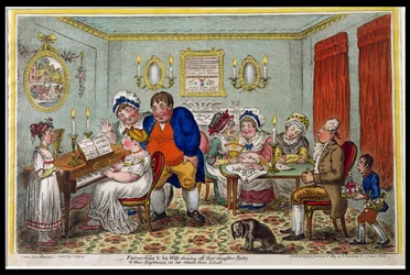 Farmer Giles and his Wife showing off their daughter Betty to their neighbours on her return from school, published by Hannah Humphrey in 1809