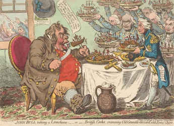 John Bull Taking a Luncheon - or - British Cooks Cramming Old Grumble-Gizzard with Bonne-Chere (from: Caricature, vol. 1)