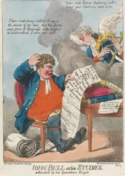 John Bull at His Studies. Attended by His Guardian Angel
