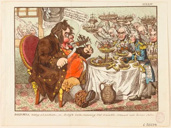 John Bull Taking a Luncheon: or British Cooks, Cramming Old Grumble-Gizzard with Bonne Chere