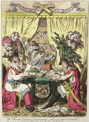 The French Consular Triumvirate Settling the New Constitution with a Peep at the Constitutional Pigeon Holes of Abbe Sieyes in the Background, published by Hannah Humphrey in 1800