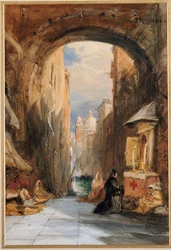 Venice: an Edicola Beneath an Archway, with Santa Maria della Salute in the Distance