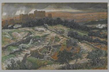 Reconstruction of Golgotha and the Holy Sepulchre, seen from the Judicial Gate, illustration from The Life of Our Lord Jesus Christ