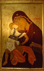 An icon of the Virgin and Child reflecting the late Byzantine style. Skopje Art Gallery, North Macedonia.