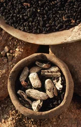 Dry foods are found in bowls at the site of an ancient city. Stara Zagora, Bulgaria.