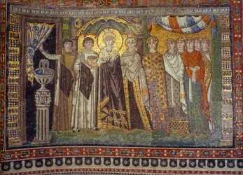 Mosaics show the Empress Theodora flanked by her attendants. San Vitale Church, Ravenna, Italy.