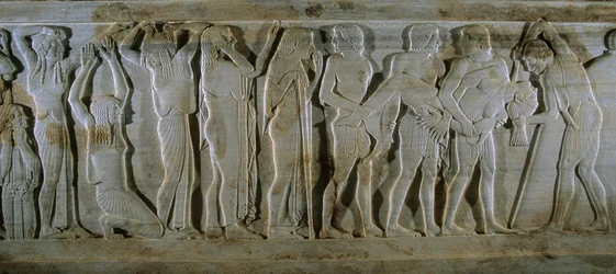 Sixth century B.C. stone sarcophagus from Turkey depicts a Trojan scene