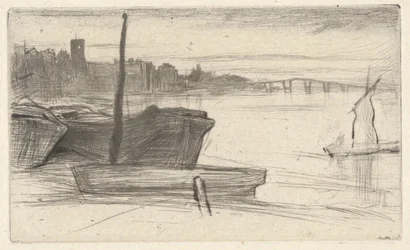 Chelsea Bridge and Church, from the Thames Set (A Series of Sixteen Etchings of Scenes on the Thames and Other Subjects)