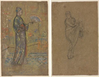 Japanese Woman Painting a Fan (recto); Standing Woman Holding Up Her Dress (verso)