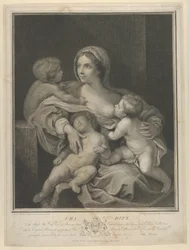 Charity Seated Nursing an Infant, Another Sleeping on Her Lap and a Third Talking to Her
