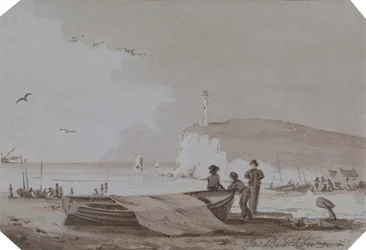 Coastal Scene with Figures, Boats, Lighthouse, etc.