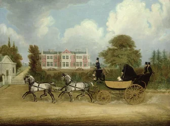 A Barouche drawn by Four Greys passing a Jacobean Mansion