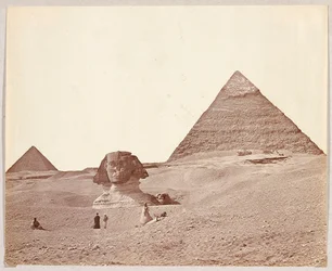 Egypt. Giza. Sphinx with Pyramids of Cheops and Mykerinos