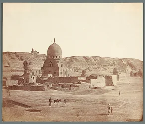 Egypt. Cairo. Southern Necropolis. In the foreground the Mausoleum of Sudun (1504), in the background on the Mukattam Plateau the Al-Juyushi Mosque