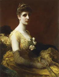 Portrait of Lady Dixon of Rheda, three-quarter length, seated wearing a Yellow Dress with Flowers holding a Fan