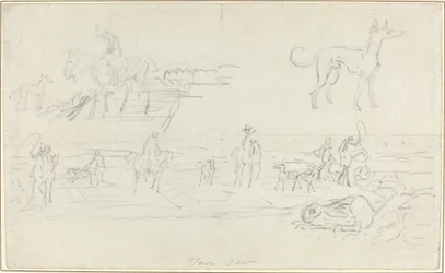 Huntsmen with Hounds and a Crouching Hare