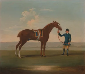 One of Four Portraits of Horses - a Chestnut Horse (? Old Partner) Held by a Groom: Standing Facing Right, Wearing Blue Saddle-Cloth Edged with Gold; the Groom in Blue