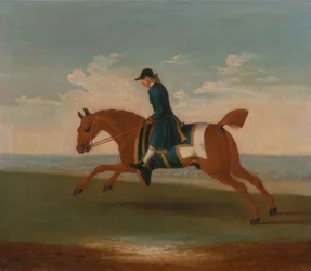 One of Four Portraits of Horses - a Chestnut Racehorse Exercised by a Trainer in a Blue Coat