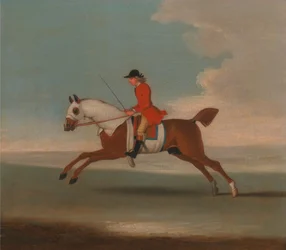 One of Four Portraits of Horses - a Chestnut Racehorse Exercised by a Trainer in a Red Coat
