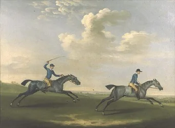 Two racehorses being exercised