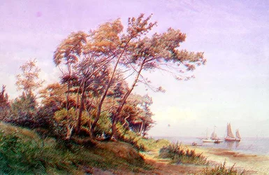 A Picnic on the Coast, Isle of Wight, with a yacht moored offshore flying the ensign of the Royal Yacht Squadron