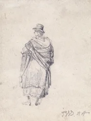 Back View of Country Woman in Hat and Shawl