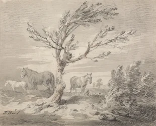 Landscape with Three Horses and a Tree in the Foreground