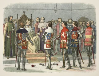 Arundel, Gloucester, Nottingham, Derby and Warwick before Richard II, from A Chronicle of England BC 55 to AD 1485