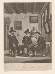 Three men in consultation while a young woman listens at the door (The Parents Scheme or Marriage Consultation)