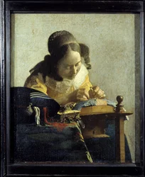 The Lacemaker. Painting by Jan (Johannes) Vermeer of Delft (1632-1675), circa 1658-1660. Dimensions: 0.24 x 0.21 m. Louvre Museum.