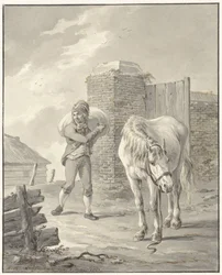 Man with Sack on Shoulder by Unsaddled Horse