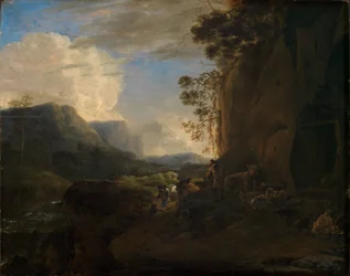 Rocky Mountain Valley with Stream and Group of Shepherds