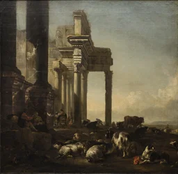 An Italianate Landscape with peasants, cattle and sheep by classical ruins