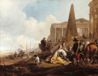 Mediterranean Harbor Scene with Resting Figures in Front of Ancient Ruins
